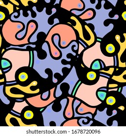 Psychedelic Print. Modern Seamless Pattern.  Color, Multicolor Chaotic Hand Drawn. Linear Collage. Bizarre Street Art. Creative Trendy Style. Abstract, Contrast Shape. Doodle Crazy Vector Background.
