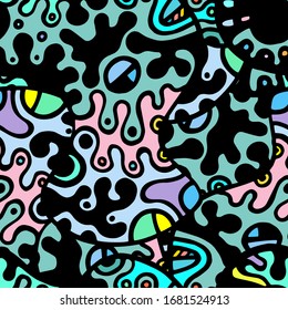 Psychedelic Print. Modern Seamless Pattern.  Color, Multicolor Fun Hand Drawn. Linear Collage. Bizarre Street Art. Creative Trendy Style. Abstract, Contrast Shape. Doodle Crazy Vector Background.
