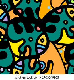 Psychedelic Print. Modern Seamless Pattern.  Color, Multicolor Fantasy Hand Drawn. Linear Collage. Bizarre Street Art. Creative Trendy Style. Abstract, Contrast Shape. Doodle Crazy Vector Background.
