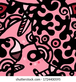 Psychedelic Print. Modern Seamless Pattern.  Gray, Bordo Summer Hand Drawn. Linear Collage. Bizarre Street Art. Creative Trendy Style. Abstract, Contrast Shape. Doodle Crazy Vector Background.
