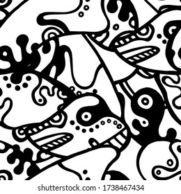 Psychedelic Print. Modern Seamless Pattern.  Black, White Funky Hand Drawn. Linear Collage. Bizarre Street Art. Creative Trendy Style. Abstract, Contrast Shape. Doodle Crazy Vector Background.
