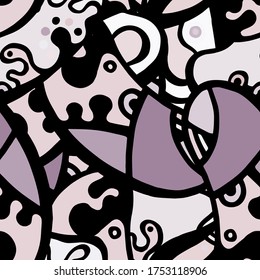 Psychedelic Print. Modern Seamless Pattern.  Gray, Bordo Cool Hand Drawn. Linear Collage. Bizarre Street Art. Creative Trendy Style. Abstract, Contrast Shape. Doodle Crazy Vector Background.
