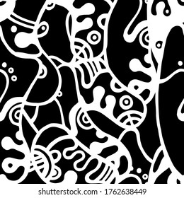 Psychedelic Print. Modern Seamless Pattern.  Black, White Chaotic Hand Drawn. Linear Collage. Bizarre Street Art. Creative Trendy Style. Abstract, Contrast Shape. Doodle Crazy Vector Background.
