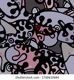 Psychedelic Print. Modern Seamless Pattern.  Gray, Bordo Fantasy Hand Drawn. Linear Collage. Bizarre Street Art. Creative Trendy Style. Abstract, Contrast Shape. Doodle Crazy Vector Background.