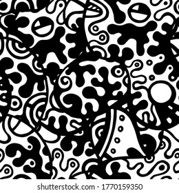 Psychedelic Print. Modern Seamless Pattern.  Black, White Fun Hand Drawn. Linear Collage. Bizarre Street Art. Creative Trendy Style. Abstract, Contrast Shape. Doodle Crazy Vector Background.
