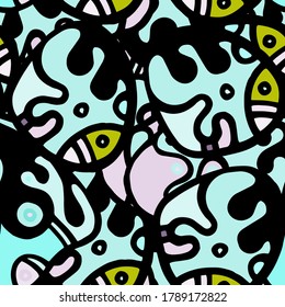 Psychedelic Print. Modern Seamless Pattern.  Mint, Turquoise Cool Hand Drawn. Linear Collage. Bizarre Street Art. Creative Trendy Style. Abstract, Contrast Shape. Doodle Crazy Vector Background.
