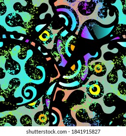 Psychedelic Print. Modern Seamless Pattern.  Color Surface. Summer Hand Drawn. Linear Collage. Bizarre Street Art. Creative Trendy Style. Abstract Contrast Shape. Doodle Crazy Vector Background.
