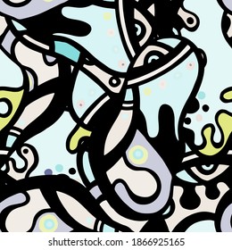 Psychedelic Print. Modern Seamless Pattern.  Mint, Turquoise Fantasy Hand Drawn. Linear Collage. Bizarre Street Art. Creative Trendy Style. Abstract, Contrast Shape. Doodle Crazy Vector Background.
