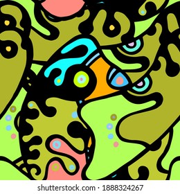 Psychedelic Print. Modern Seamless Pattern.  Color, Multicolor Cool Hand Drawn. Linear Collage. Bizarre Street Art. Creative Trendy Style. Abstract, Contrast Shape. Doodle Crazy Vector Background.
