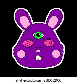 Psychedelic rabbit head with three eyes and purple fur. Psychedelics, surrealism