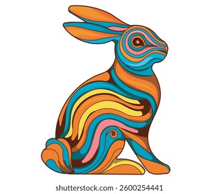 Psychedelic rabbit illustration with vibrant patterns designed for spring and festive occasions