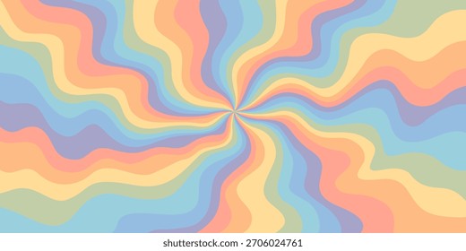 Psychedelic rainbow abstract wavy ray background with pastel colors. Groovy retro swirl design ideal for posters, prints, social media graphics, and creative projects