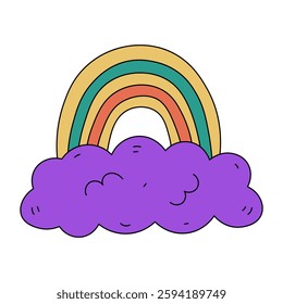 Psychedelic Rainbow with Cloud. Retro vintage colorful arch in doodle outline style. Hippy aesthetic. Vector illustration