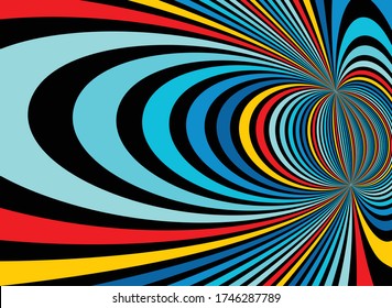 Psychedelic rainbow colored optical illusion lines vector insane art background, LSD hallucination delirium, surreal op art linear curves in hyper 3D perspective, hypnotic design.
