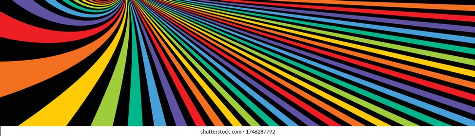 Psychedelic rainbow colored optical illusion lines vector insane art background, LSD hallucination delirium, surreal op art linear curves in hyper 3D perspective, hypnotic design.