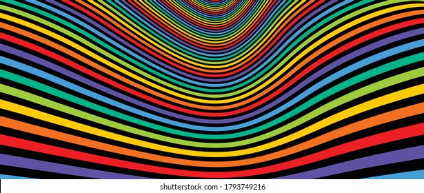Psychedelic rainbow colored optical illusion lines vector insane art background, LSD hallucination delirium, surreal op art linear curves in hyper 3D perspective, hypnotic design.