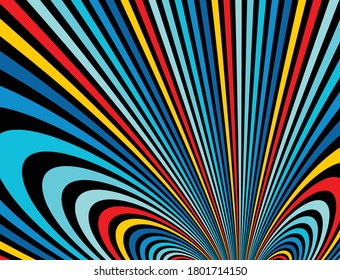 Líneas de ilusión óptica de color arcoiris psicodélico vectores de fondo de arte demente, LSD alucinación delirium, curvas lineales surrealistas de arte op en perspectiva hiper3D, diseño hipnótico.