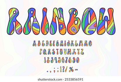 Psychedelic rainbow font, 70s groovy type, retro 60s hippie typeface, bold wavy alphabet vector typography. Vintage hippy letters and numbers with rainbow color pattern. Psychedelic english abc font