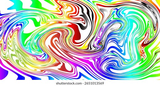 Psychedelic rainbow swirl abstract vector with vivid multicolor liquid marble pattern, ideal for retro, rave, or energetic digital and print designs