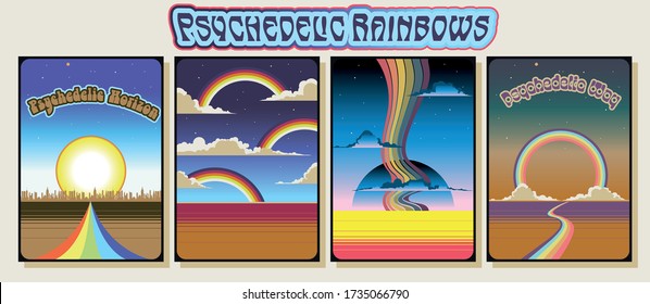 Psychedelic Rainbows Vintage Music Poster Backgrounds Template Set, Rainbows, Clouds, Perspective View