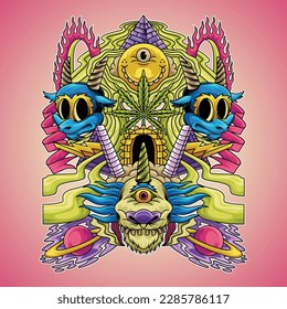 psychedelic Rama with quite colorful buildings, there are two sheep heads and two creatures that have one eye. The psychedelic subculture includes psychedelic art.
