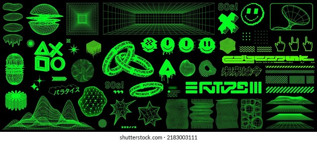 Psychedelic Rave trip elements  Acid rave concept  Trippy vibe shapes  emoji face  abstract forms in Vaporwave 80s   90s  Acid vector set  Translation Japanese inscriptions    future  cyberpunk 