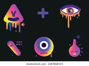 Psychedelic Rave trip elements. Acid rave concept. Trippy vibe shapes, emoji face, abstract forms in Vaporwave 80s and 90s. Acid vector set.