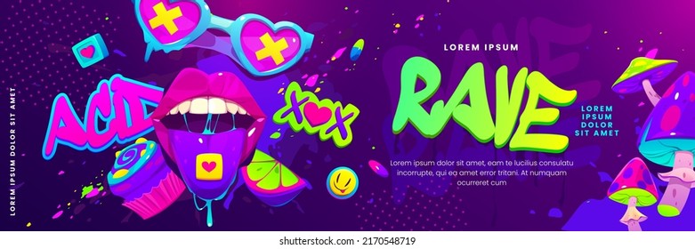 Psychedelic Rave Trip Party Banner Template, Mouth With Tongue And Drugs, Mushrooms And Heart Shaped Glasses, Acid Background. Vector Cartoon Horizontal Contemporary Hippie Poster