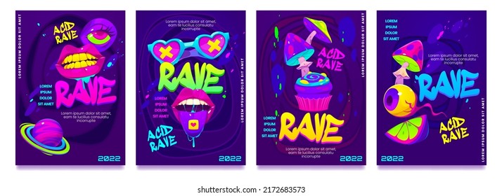 Psychedelic Rave Trip Party Banner Template Set, Mouth With Tongue And Teeth, Eye Ball, Drugs, Mushrooms And Heart Shaped Glasses, Acid Background. Vector Cartoon Horizontal Contemporary Hippie Poster