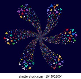 Psychedelic Reader curl abstract flower on a dark background. Vector abstraction. Hypnotic burst organized from random reader objects.