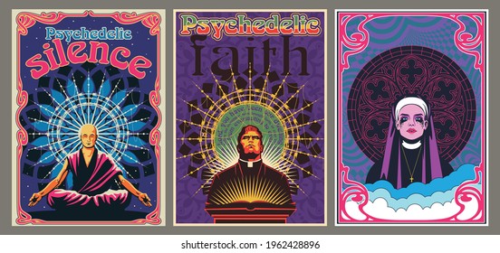 Psychedelic Religion Poster Set, Monk, Priest, Nun 