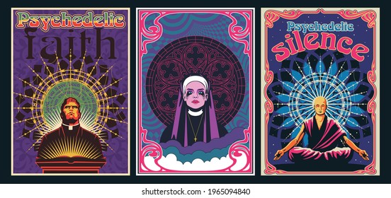 Psychedelic Religion Poster Set, Preacher, Nun, Monk