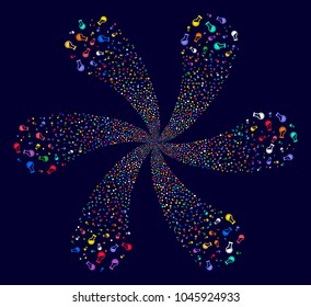 Psychedelic Retort spiral twist on a dark background. Vector abstraction. Hypnotic centrifugal explosion created from randomized retort objects.