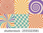 Psychedelic retro abstract backgrounds 70s style set. Vintage spiral distorted ray patterns.