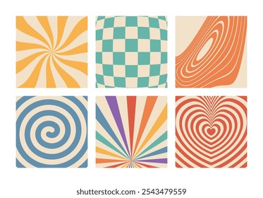 Psychedelic retro abstract backgrounds 70s style set. Vintage distorted patterns.