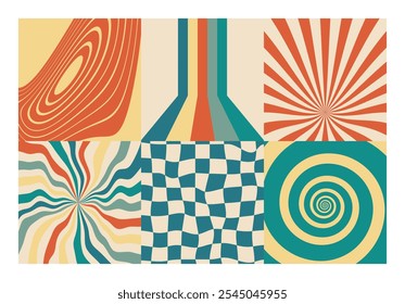 Psychedelic retro abstract backgrounds 70s style set. Vintage distorted patterns.