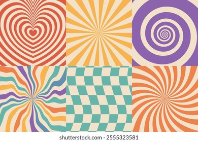 Psychedelic retro abstract backgrounds 70s style set. Vintage spiral distorted ray patterns.