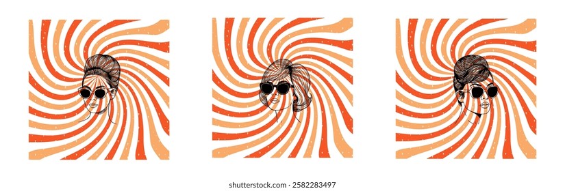 Psychedelic retro abstract backgrounds 70s style set. Fashion retro