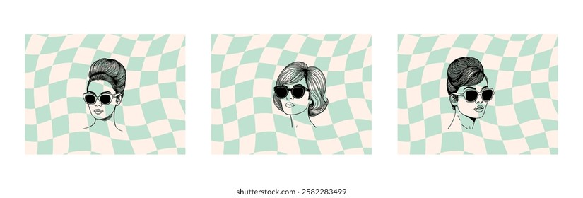 Psychedelic retro abstract backgrounds 70s style set. Fashion retro