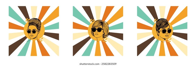 Psychedelic retro abstract backgrounds 70s style set. Fashion retro