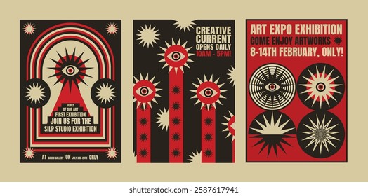 Psychedelic retro art exhibition posters with bold red, black, and white designs. Eye motifs and geometric patterns, art exhibition theme. Psychedelic retro poster template vectors.