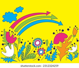 Psychedelic retro background poster banner. Flowers 70s 80s 90s vibe vector doodle digital illustration. Print on fabrics t-shirt case cover on phone. Rainbow clouds hand drawn abstract sketch 