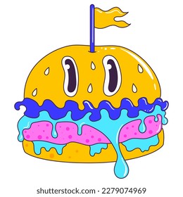 Caricatura psicodélica retro de la hamburguesa. Sticker moderno con hamburguesa. Caras divertidas con ojos distorsionados y colores vibrantes. Textura flotante. Ilustración vectorial loca.