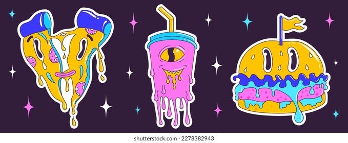 Psychedelic retro cartoon fast food character set. Modern sticker with Burger, pizza, soda. Funny faces with distorted eyes and vibrant colors.  Flowing texture. Crazy vector illustration.