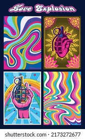Psychedelic Retro Colors Grenade Posters. 1960s Style Abstract Backgrounds Set