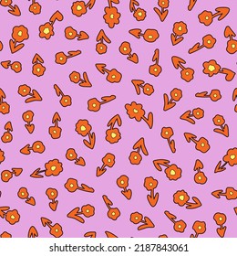 Psychedelic retro flower power seamless repeat pattern. Random placed, vector vintage floral all over surface print on lilac background.