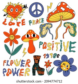 Psychedelic retro funny stickers 70s-80s doodle style. Hippie retro vintage icons, Flowers power, mushrooms, peace. Vector illustration