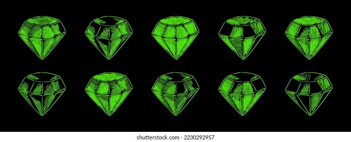 Colección psicodélica retro futurista. Conjunto de formas de diamante ciberpunk. Elementos y signos de vector surrealistas en la psiquínica moderna. Elementos de diseño para afiches, portadas, volantes al estilo de los años 80. 