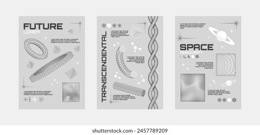 Psychedelic retro futuristic vector posters set with geometric shapes and acid style objects. Y2K rave aesthetic design.