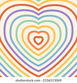 Psychedelic retro groovy background with shapes hearts. Rainbow colors stripes on beige backdrop. Heart shaped tunnel design. Trendy square banner template for social media post